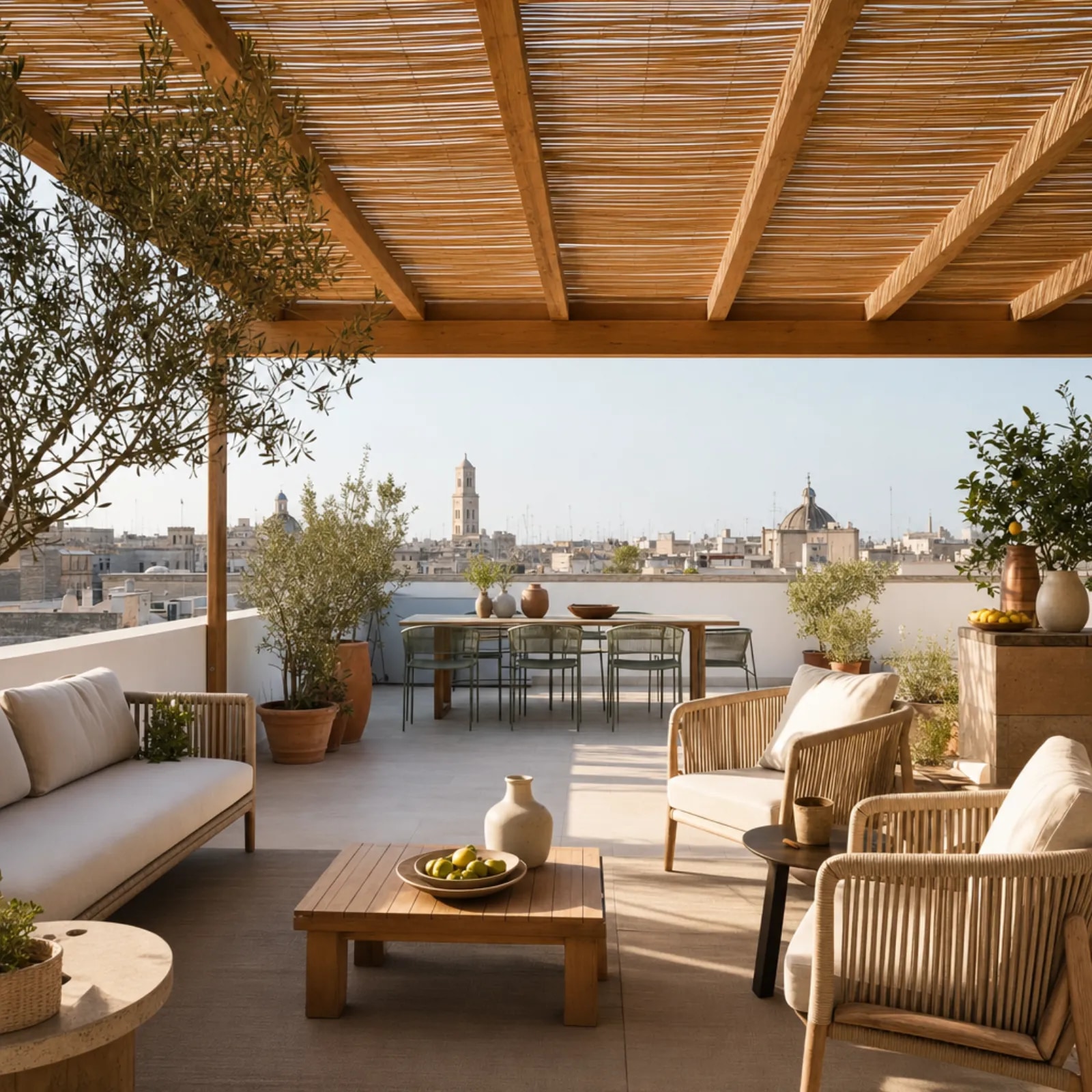 Terrazza con pergolato e vista sui tetti di Bari
