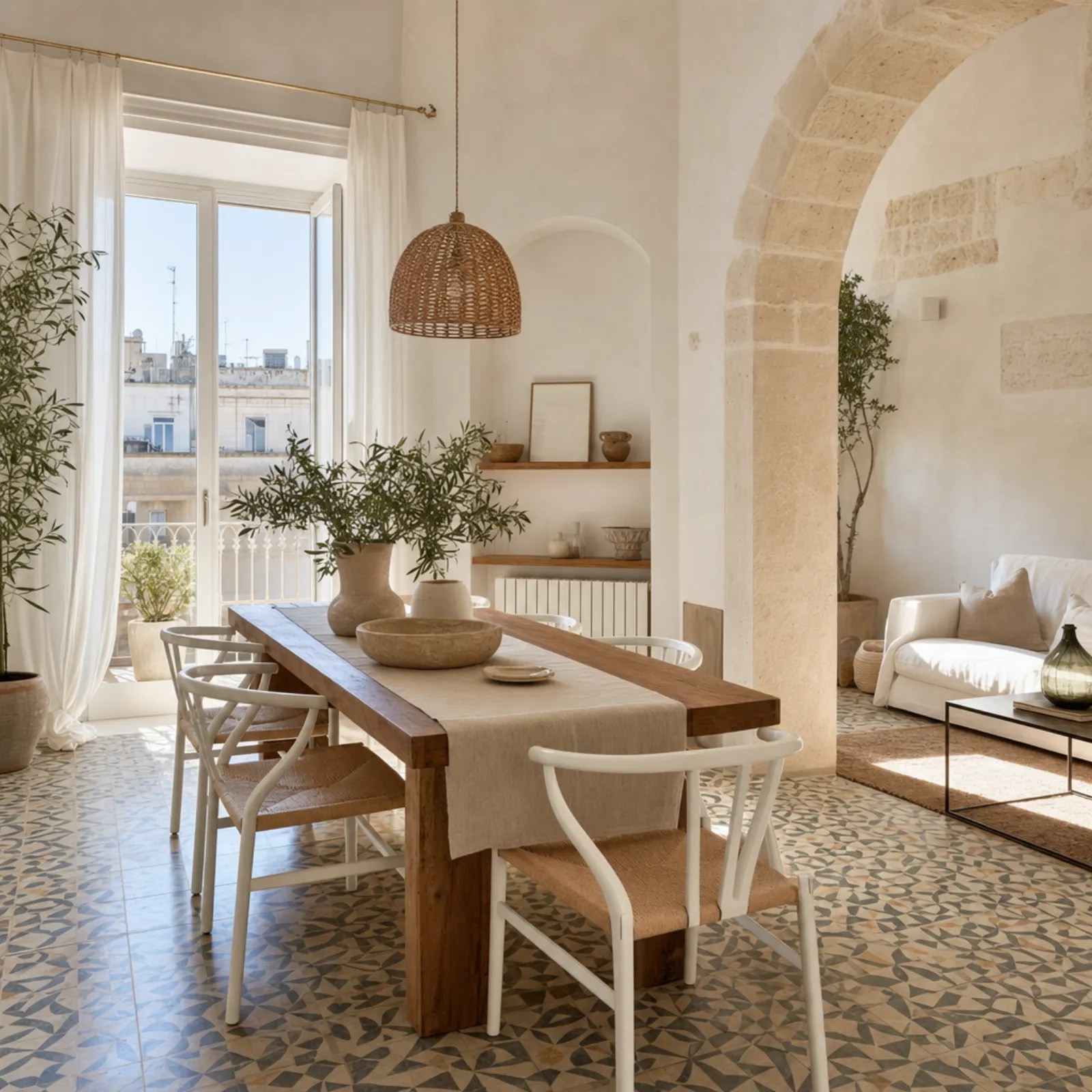 Zona pranzo luminosa con pavimento in cementine