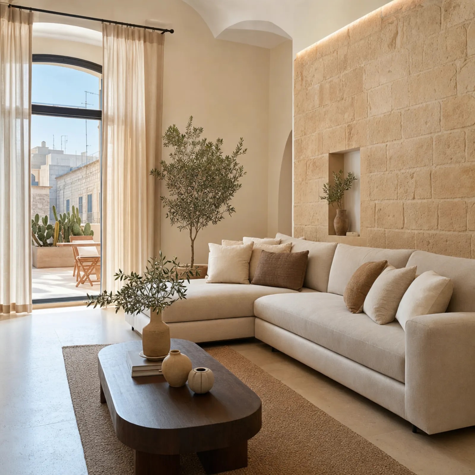 Soggiorno con divano angolare e parete decorativa