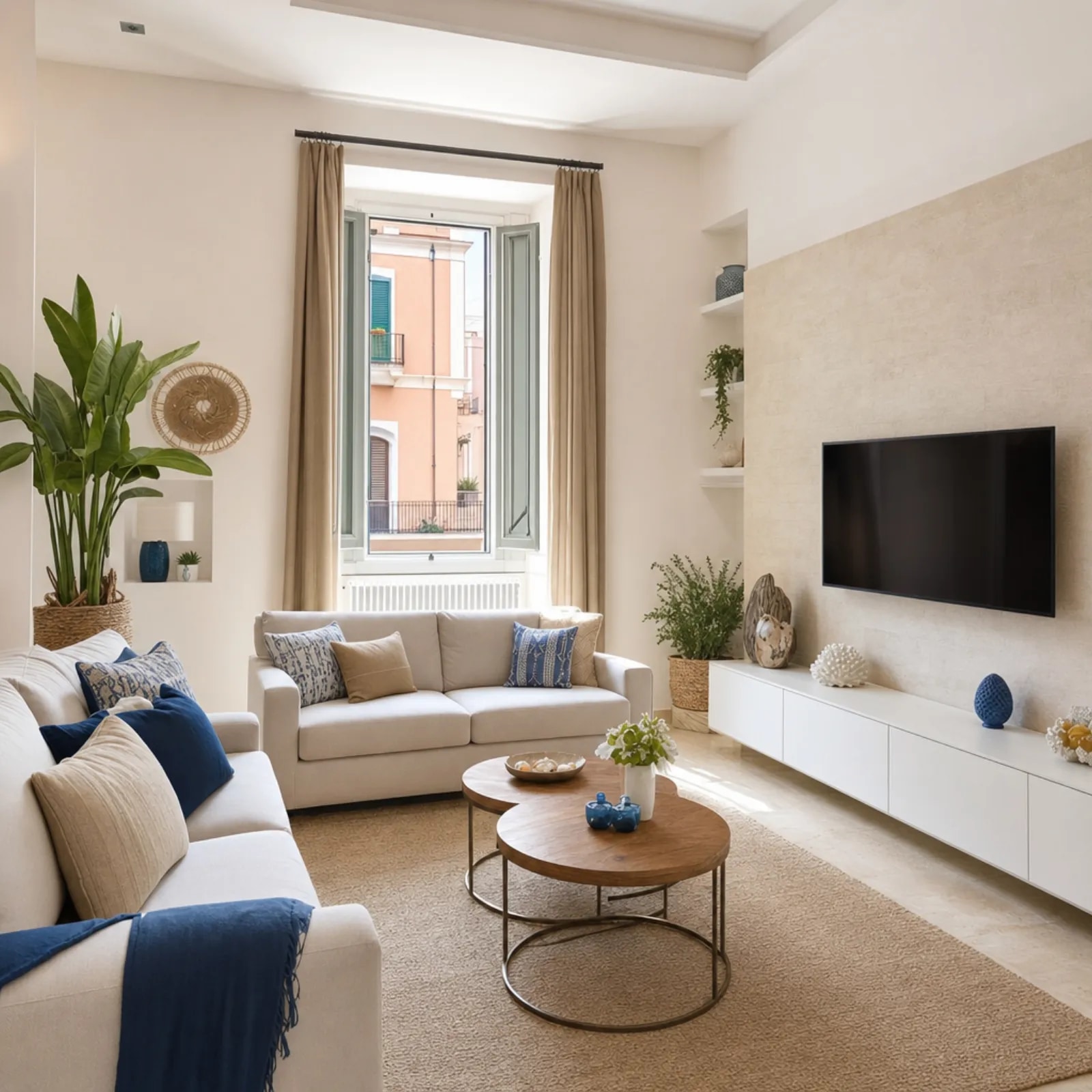 Soggiorno luminoso con divani e Smart TV
